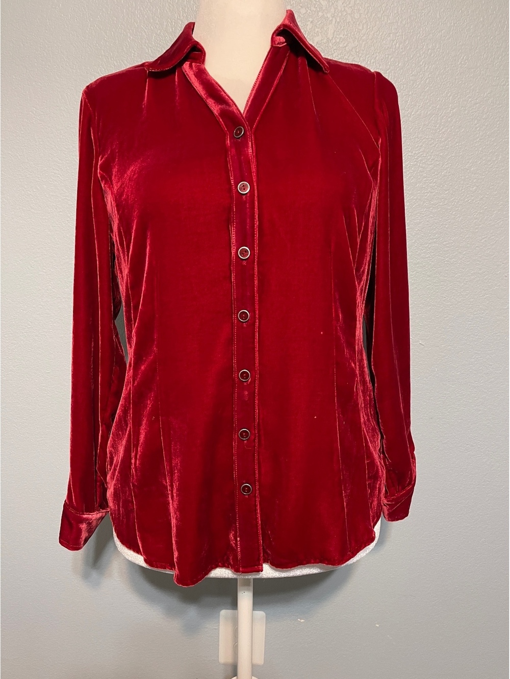 Coldwater Creek Red Silk Blend Button Down Blouse Long Sleeve Petite Medium